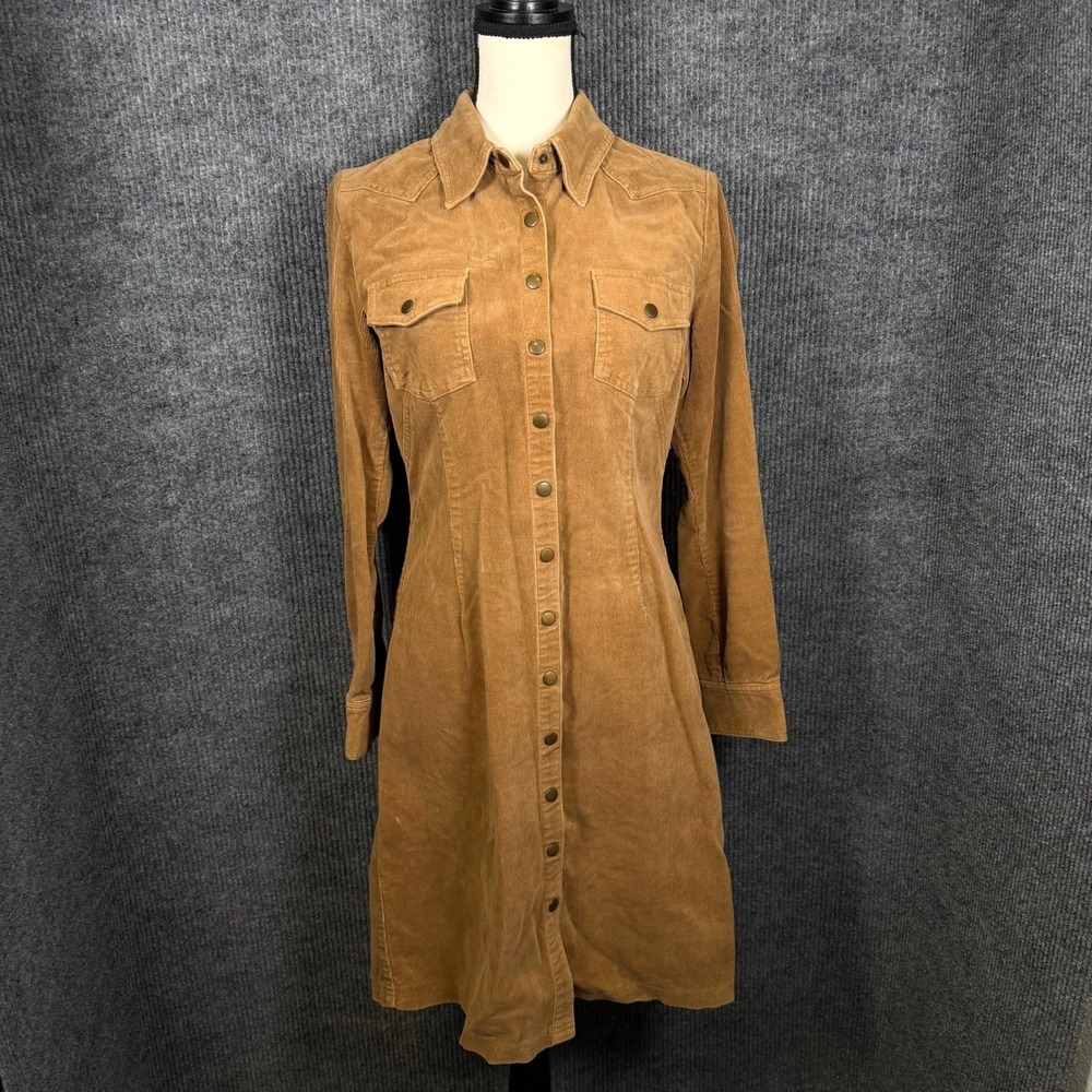 Moda International Corduroy Western Shirt Dress Women 8 Brown Snap Front Fall